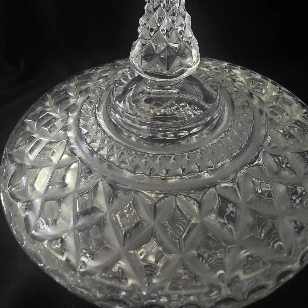 Vintage Crystal Style Covered Candy Dish Pedestal Bowl Diamond Pattern...